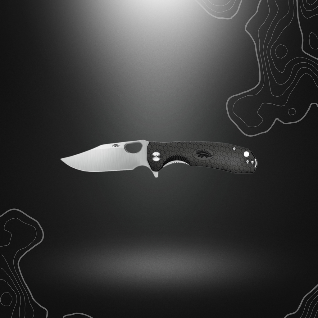Grand couteau flipper noir Honey Badger avec lame de 92mm et manche FRN