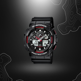 Montre G-Shock GA-100 noir/rouge de Casio avec cadran en verre minéral, bracelet en résine, affichages LCD et résistance magnétique, équipée de multiples fonctionnalités comme un
