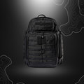 Sac à dos militaire tactique Rush 72H noir de 55 litres avec de nombreux compartiments et poches, résistant à l'eau et avec un grand volume d'emport.