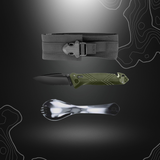 Pack complet Tatoo Cac Vert Olive de TB Outdoor comprenant un couteau pliant multifonction, une cuillère-fork inox et un étui textile noir