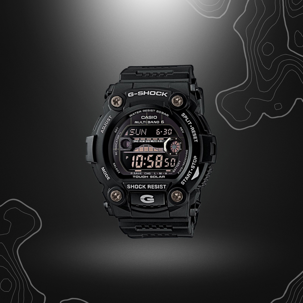 Montre G-Shock GW-7900B noire de Casio, résistante et solaire, avec cadran en verre minéral, boîtier et bracelet en résine, et diverses fonctionnalités comme