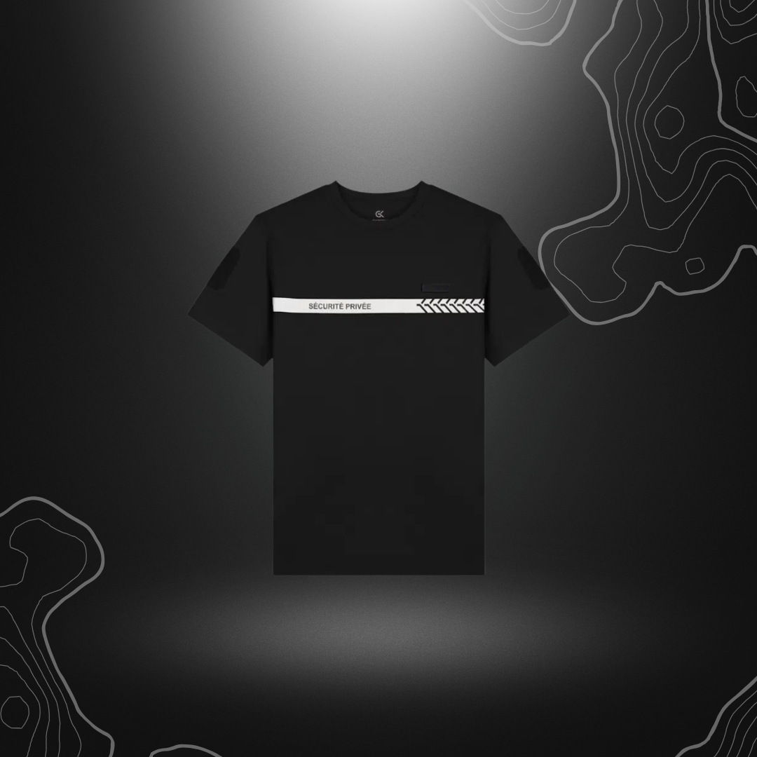 Logo GK SAFETEK sur t-shirt noir à manches courtes pour sécurité privée