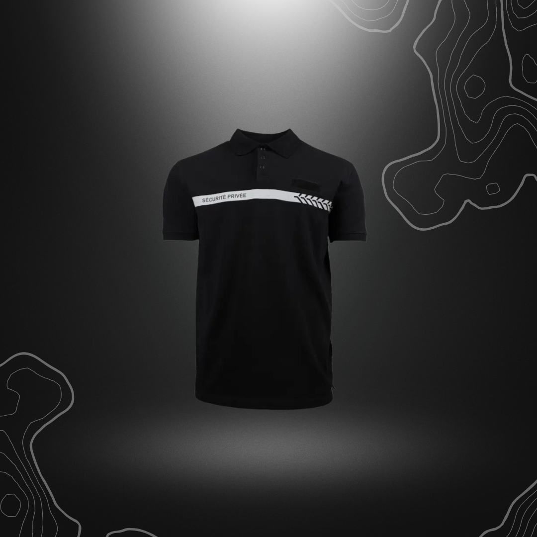 Polo noir de sécurité privée de la marque GK Safetek avec bande grise et marquage rétroréfléchissant
