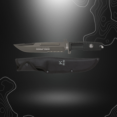 K25 32755 couteau tactique noir avec lame en acier 7Cr17Mov, poignée en caoutchouc et étui en nylon noir.