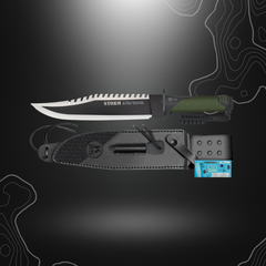 Poignard tactique vert K25 avec lame mixte, ref. 32695, doté d'une lame en acier inox, un manche grip kaki et noir, livré avec un kit de survie, s