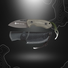 Couteau Mikarta K25 avec lame de 8cm en acier 7CR17MOV, poignée verte de 11cm, étui en cuir et cordon vert