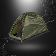 Tente monodome 1 place vert olive MFH, légère et robuste avec moustiquaire, piquets en acier et sac de transport. Matériau 100% polyester.