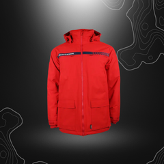 Parka Sécurité Incendie rouge GK SAFETEK® résistante et imperméable pour professionnels, avec isolation thermique et plusieurs poches pour rangement sécurisé