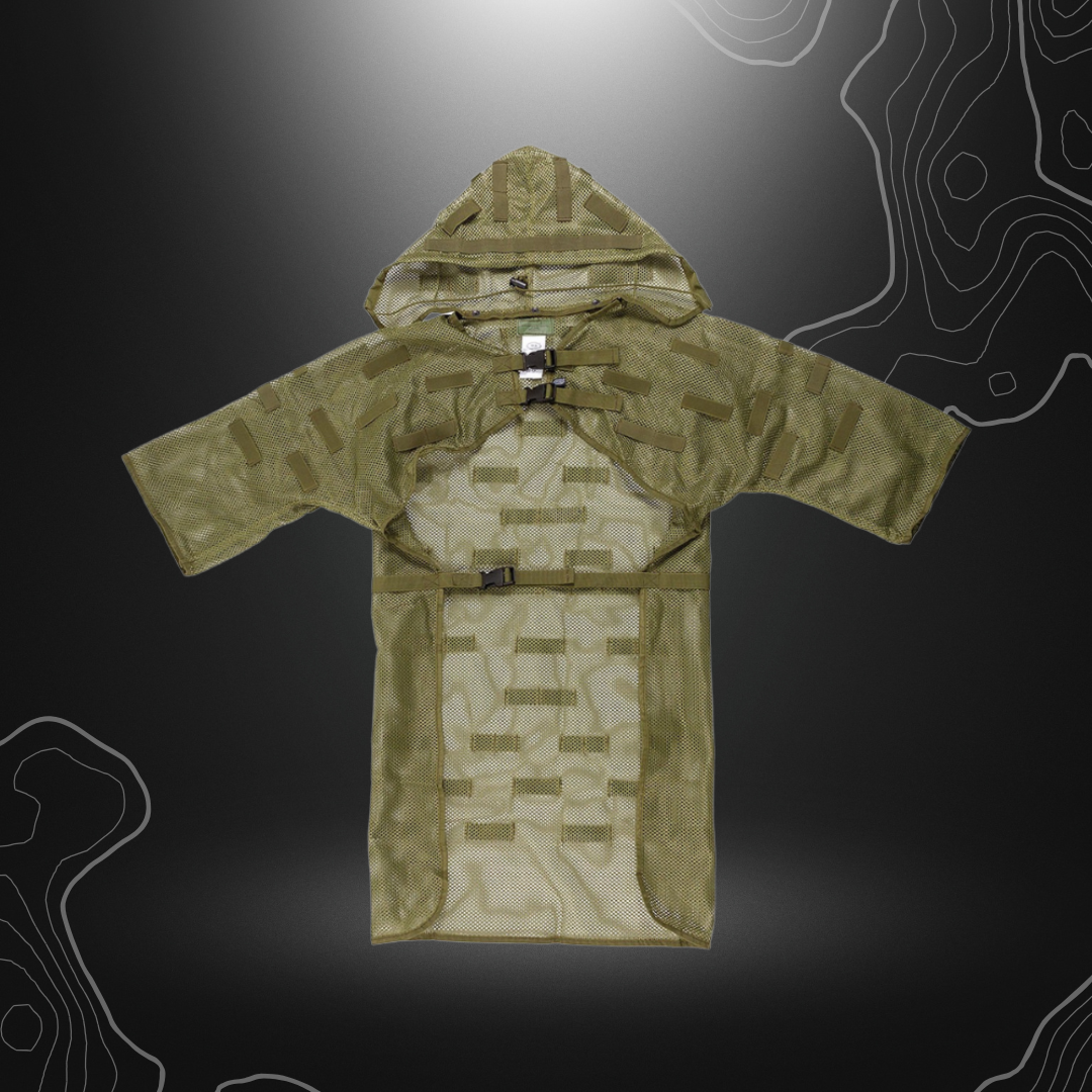 Manteau à filet de camouflage olive MFH avec capuche amovible, fermeture à clic frontale et poignée sur le dos, 100% nylon