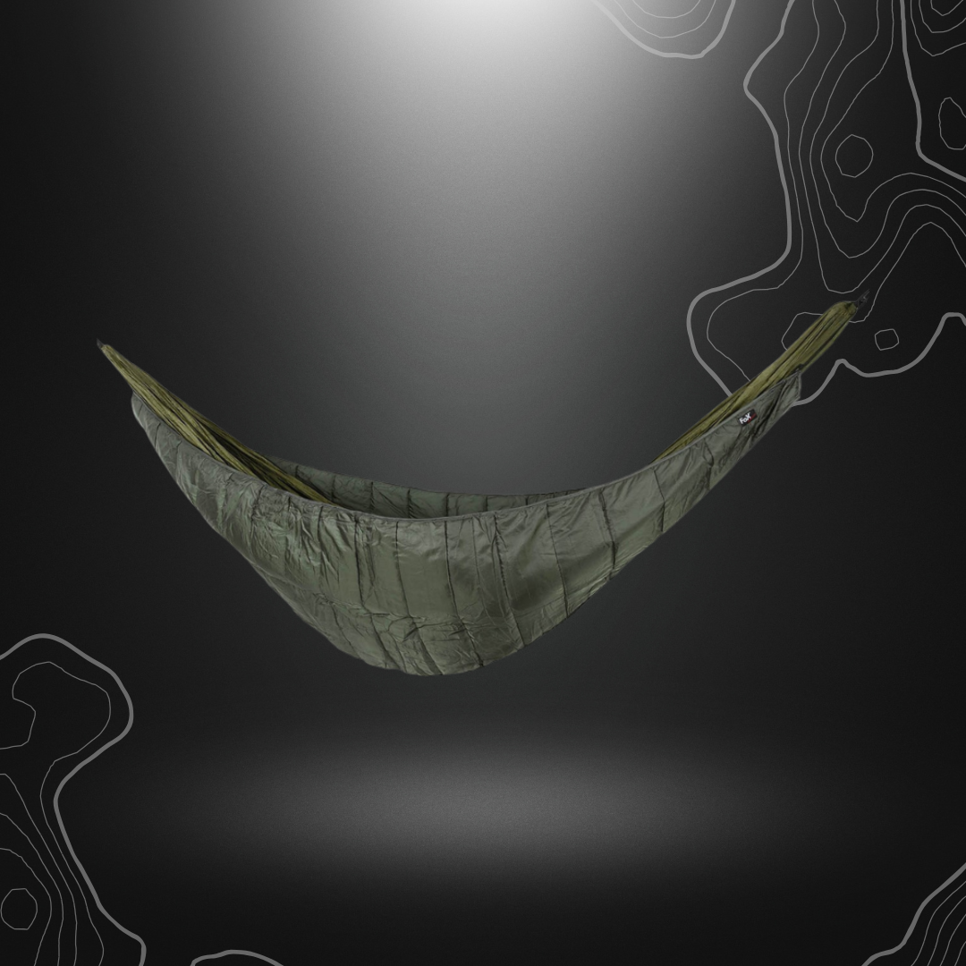 Olive green Underquilt cold-resistant hammock by MFH, with all-around mosquito net, tear-resistant base, adjustable cords, robust metal rings, double-sided zipper, carry bag, and dimensions of 205x67cm for the floor