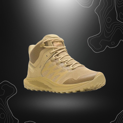 Chaussures Merrell NOVA 3 Tactical Mid Coyote, imperméables et écologiques, offrant confort et protection pour les aventures en plein air.