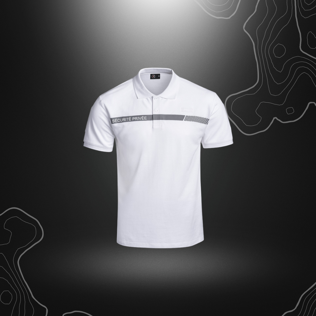 Image du polo blanc SÉCU-ONE pour sécurité privée, offrant résistance et fonctionnalité, disponible chez A10 Equipment