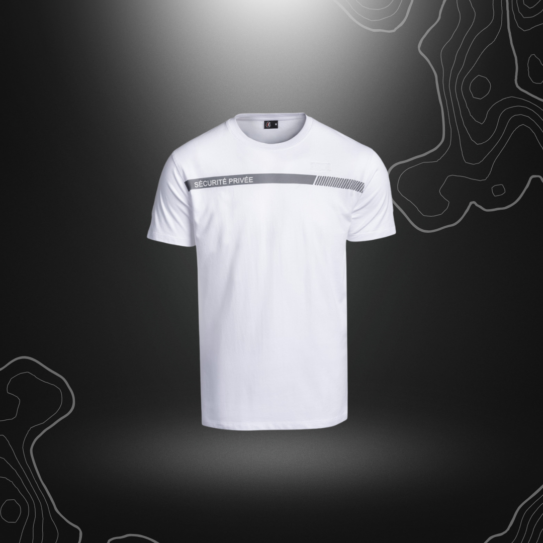 Alt tag pour un t-shirt blanc SÉCU-ONE Sécurité Privée de A10 Equipment, conçu pour les professionnels de la sécurité, avec marquage rétro-réfléchissant et compatibilité vel