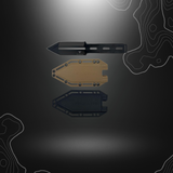 Poignard Silence Steel Rain de Takumitak avec lame ajourée noire en acier 3Cr13 et deux étuis en FRN noir et marron, parfait pour le camping et la randonnée.