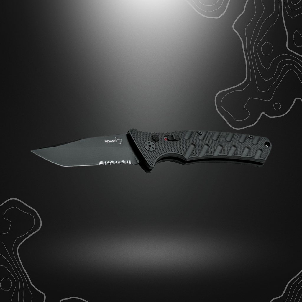Automatique couteau pliant Strike Tanto noir de Böker Plus avec lame en acier AUS-8 et poignée en aluminium