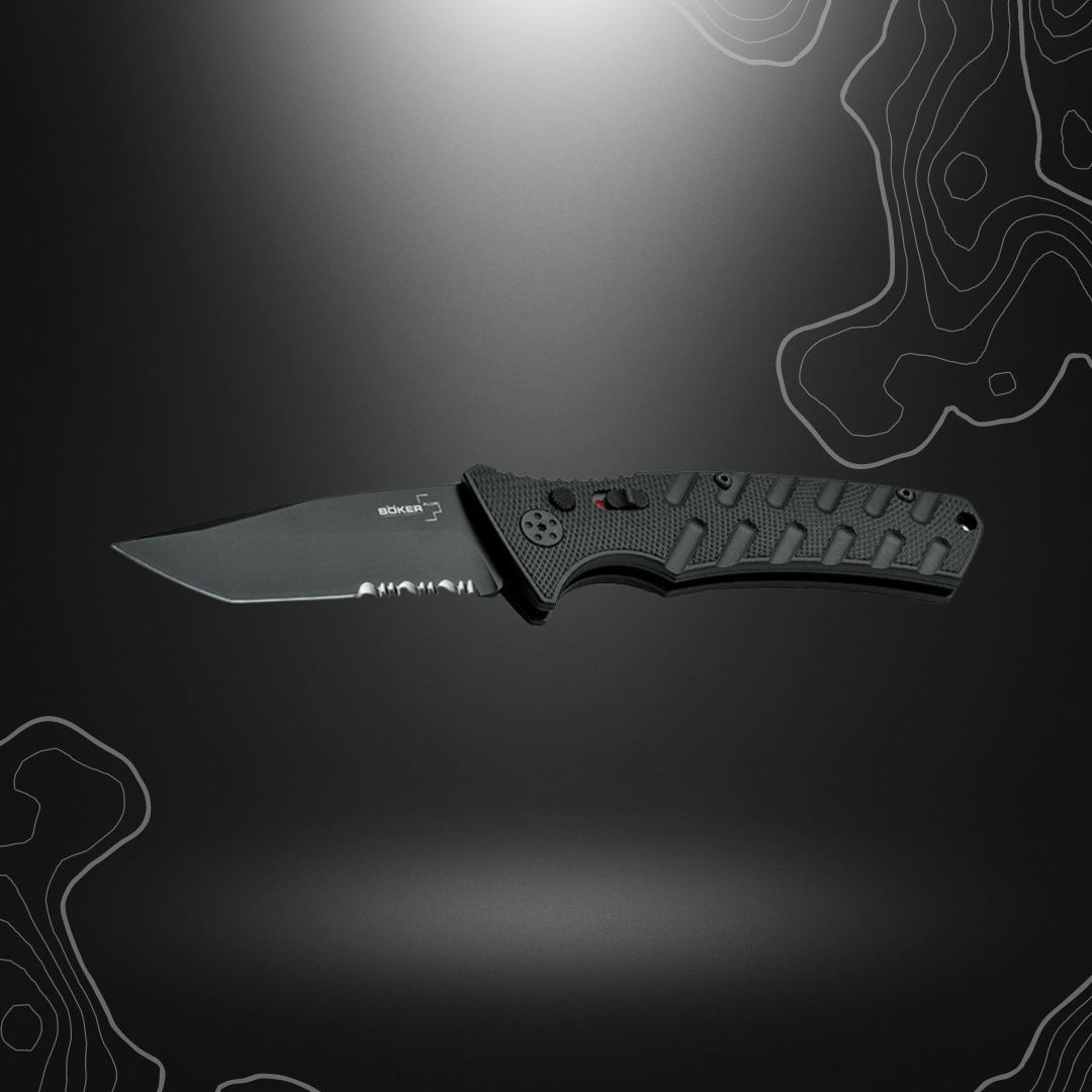 Automatique couteau pliant Strike Tanto noir de Böker Plus avec lame en acier AUS-8 et poignée en aluminium