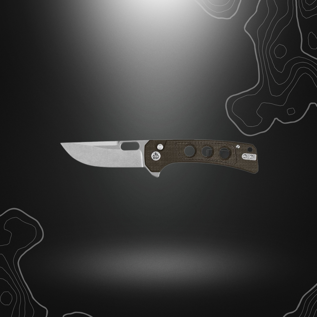 QSP Unicorn couteau en micarta marron avec lame ajourée en acier et mécanisme de verrouillage button lock