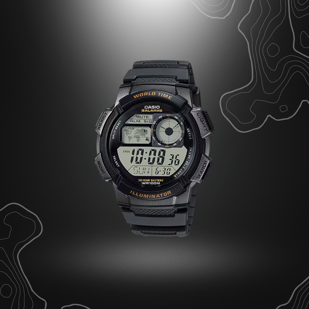 Montre noire Casio AE-1000W-1AVEF avec batterie de 10 ans, cadran de type avion, carte du monde, écran analogique LC et étanche jusqu'à 100 mètres