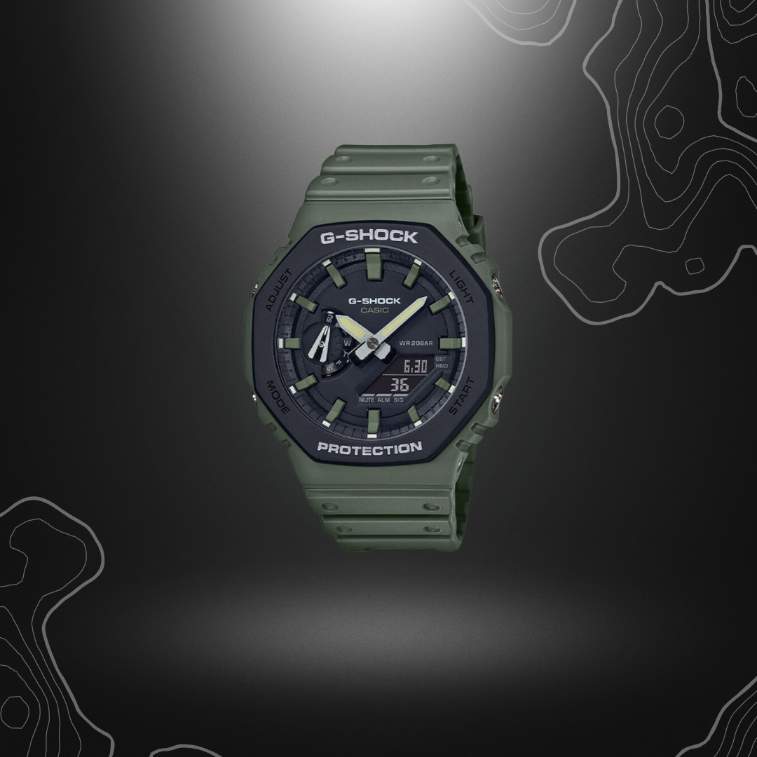 Montre G-Shock GA-2110SU de Casio en vert olive, robuste avec cadran en verre minéral et bracelet en résine, affichage analogique et numérique, avec fonctionnalités multiples comme calend