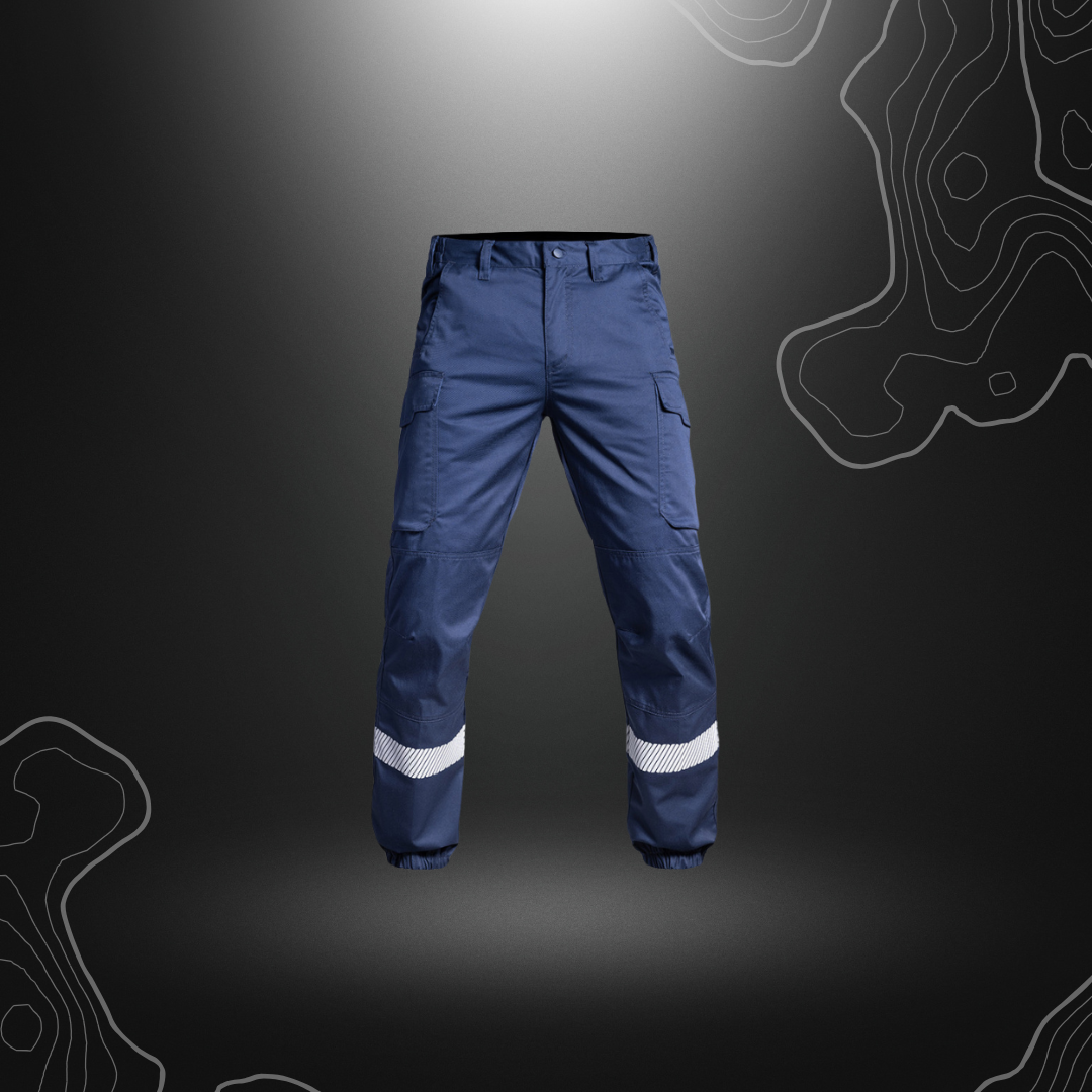 Pantalon Sécu-One bleu marine avec bas élastique et bandes réfléchissantes haute visibilité de A10 Equipment