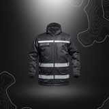 Parka Hardshell SÉCU-ONE WF 150 HV-TAPE pour sécurité privée noire avec bandes rétro-réfléchissantes et isolation thermique, offerte par A10 Equipment
