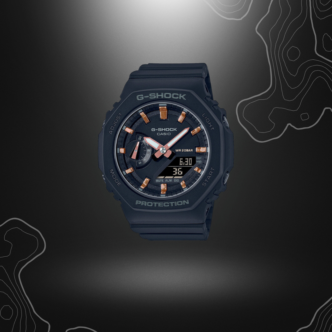 Montre G-Shock GMA-S2100 noire de Casio, légère et robuste avec cadran en verre minéral et bracelet en résine, affichage analogique et numérique, caractéristiques multiples