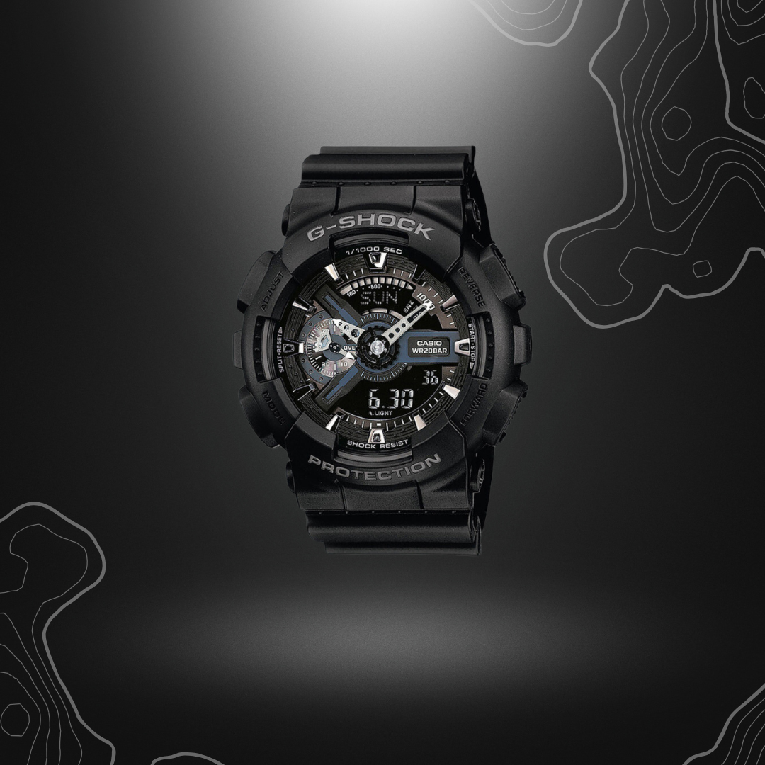 Montre-bracelet G-Shock GA-110 noire de Casio, robuste et élégante avec cadran en verre minéral et bracelet en résine, affichage numérique et analogique, résistante