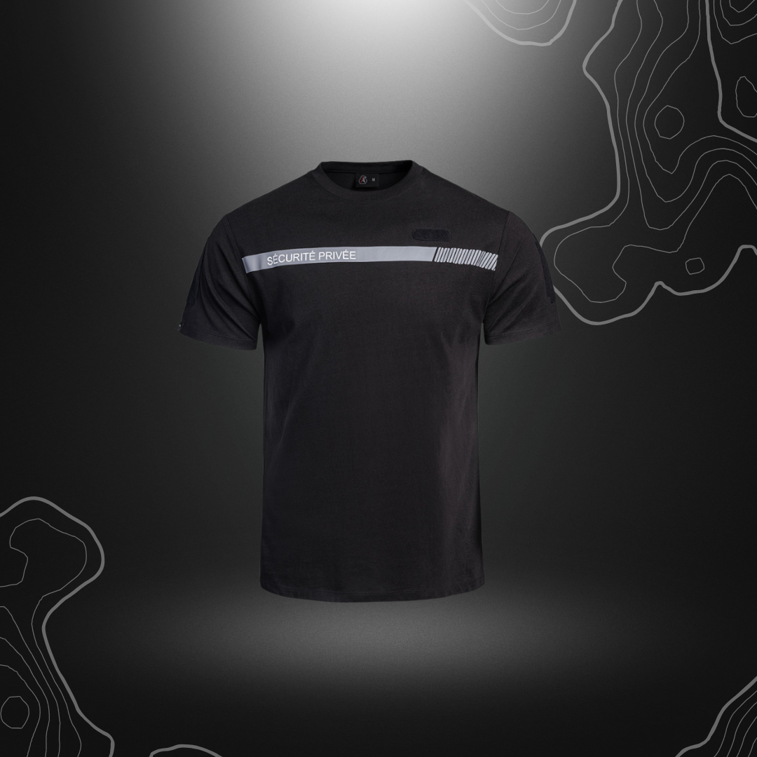 T-shirt noir SÉCU-ONE pour sécurité privée de A10 Équipement, marqué 'SÉCURITÉ PRIVÉE' et équipé de velcros pour porte-carte et identification