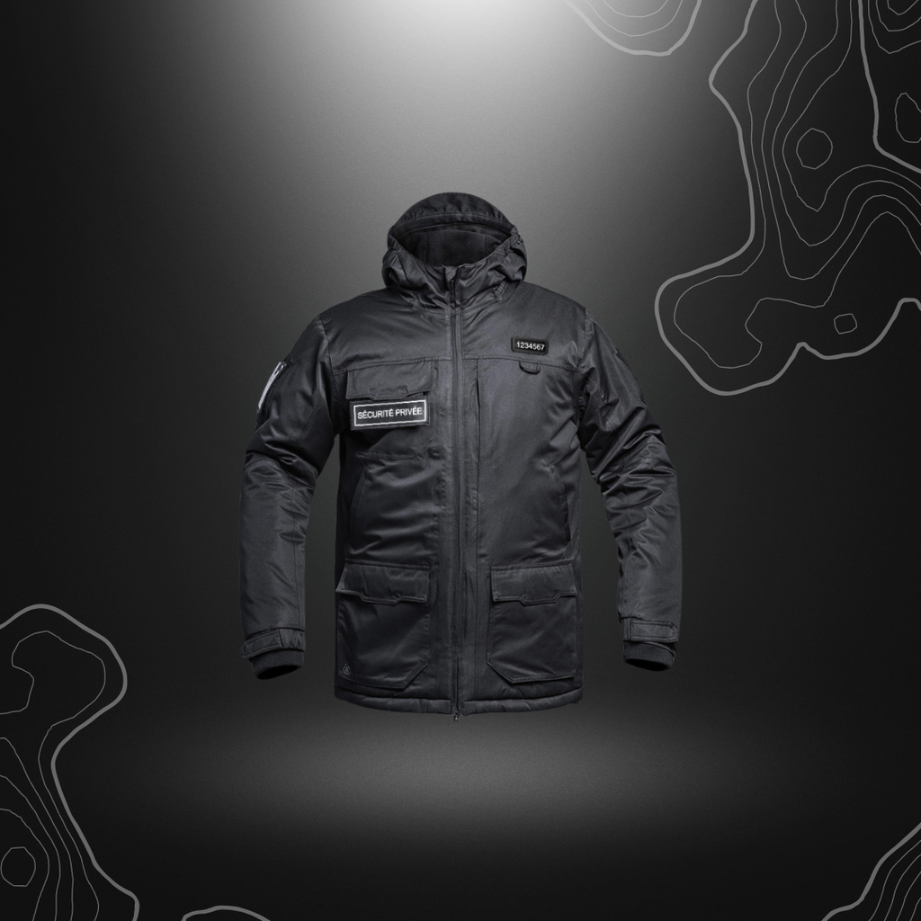 Parka Hardshell Sécu-One de Sécurité Privée noir, résistant aux conditions météorologiques difficiles, offrant isolation thermique et fonctionnalité, disponible chez A10 Equipment.