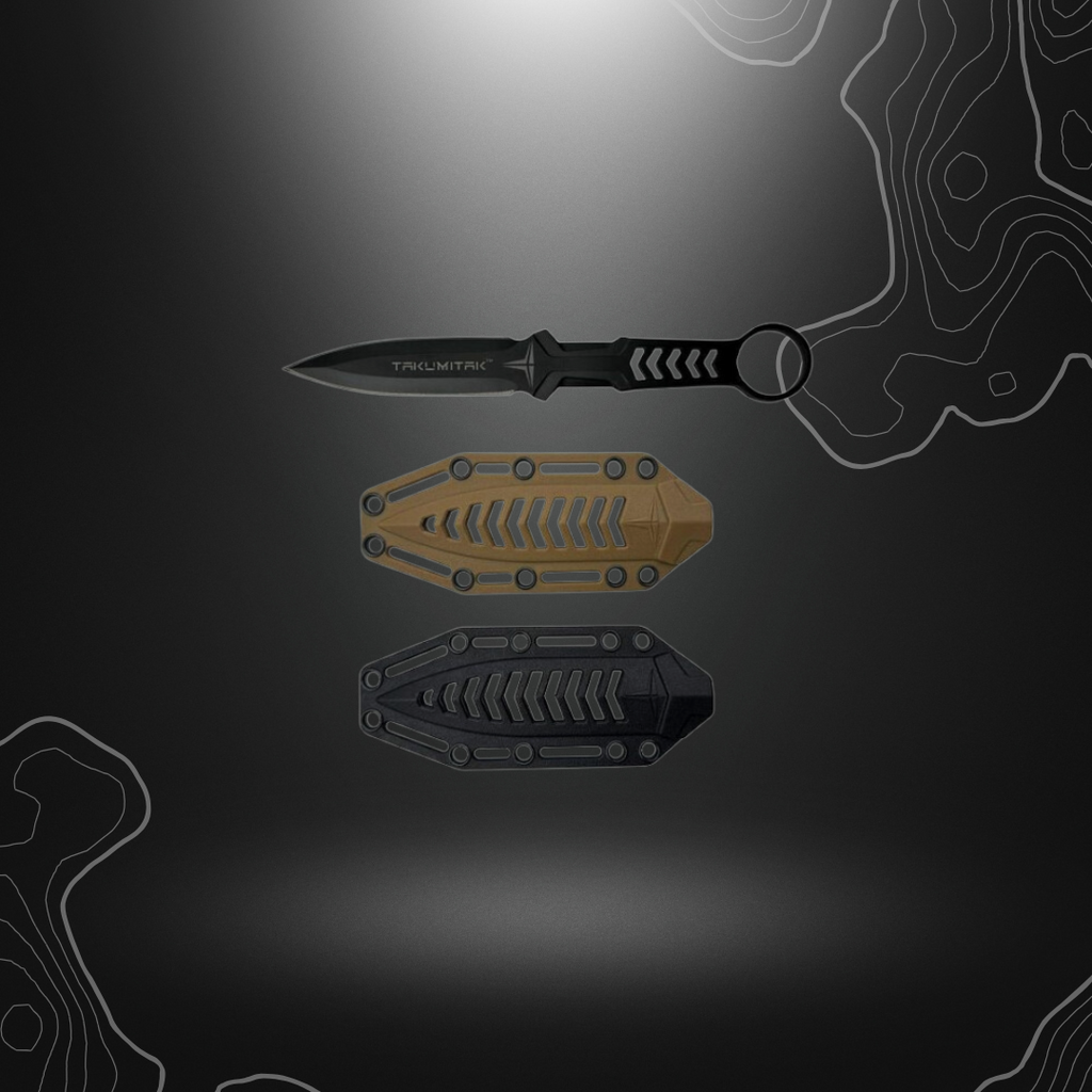 Poignard robuste Missing Screw de Takumitak avec lame Spear Point en acier, manche à trous et anneau pour une prise sécurisée, livré avec deux étuis et un clip MOLLE