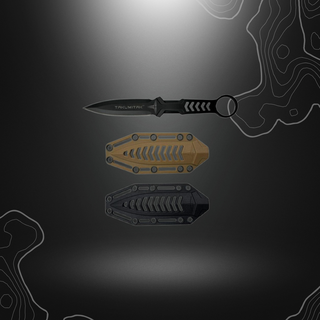 Poignard robuste Missing Screw de Takumitak avec lame Spear Point en acier, manche à trous et anneau pour une prise sécurisée, livré avec deux étuis et un clip MOLLE