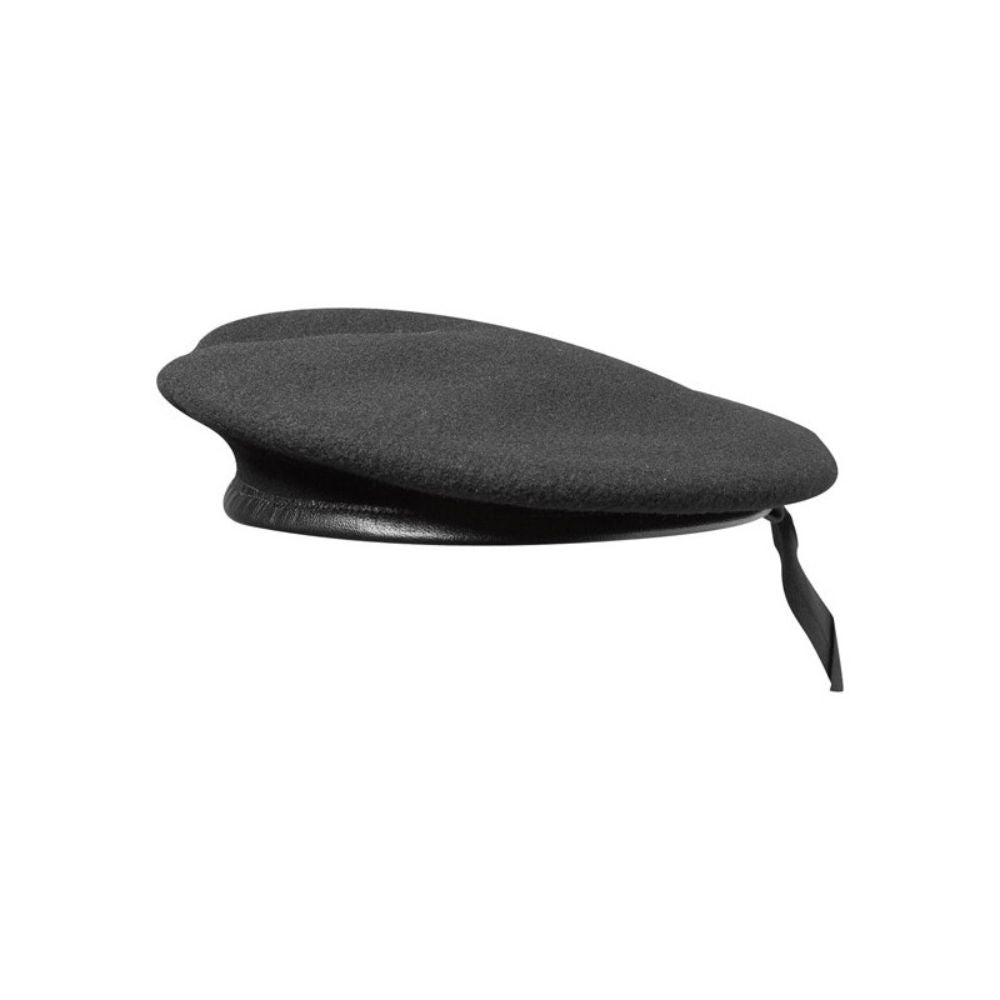 Béret noir 100% laine spéciale commando avec porte-insigne, pourtour en cuir, lacet viscose noir, diamètre 8 pouces, doublure 100% acétate, tailles