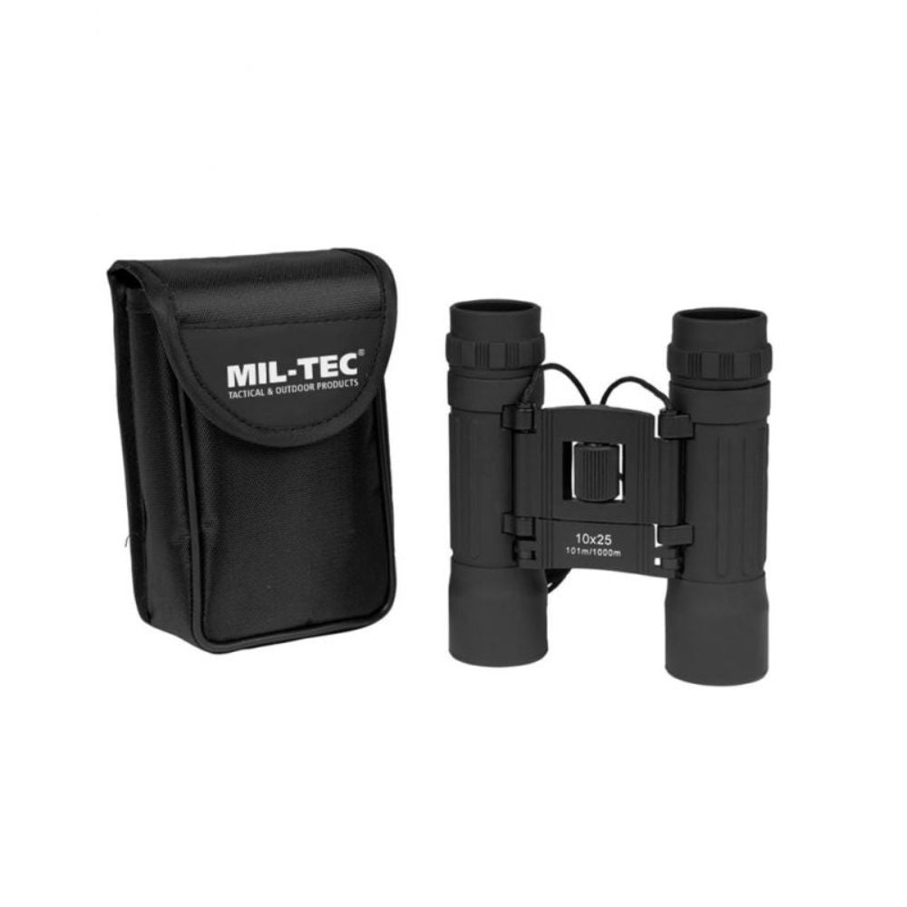 Jumelles pliables noires 10x25 de la marque Miltec avec étui en nylon, mesure 12x7x4cm, diamètre objectif de 25mm et poids de 220g