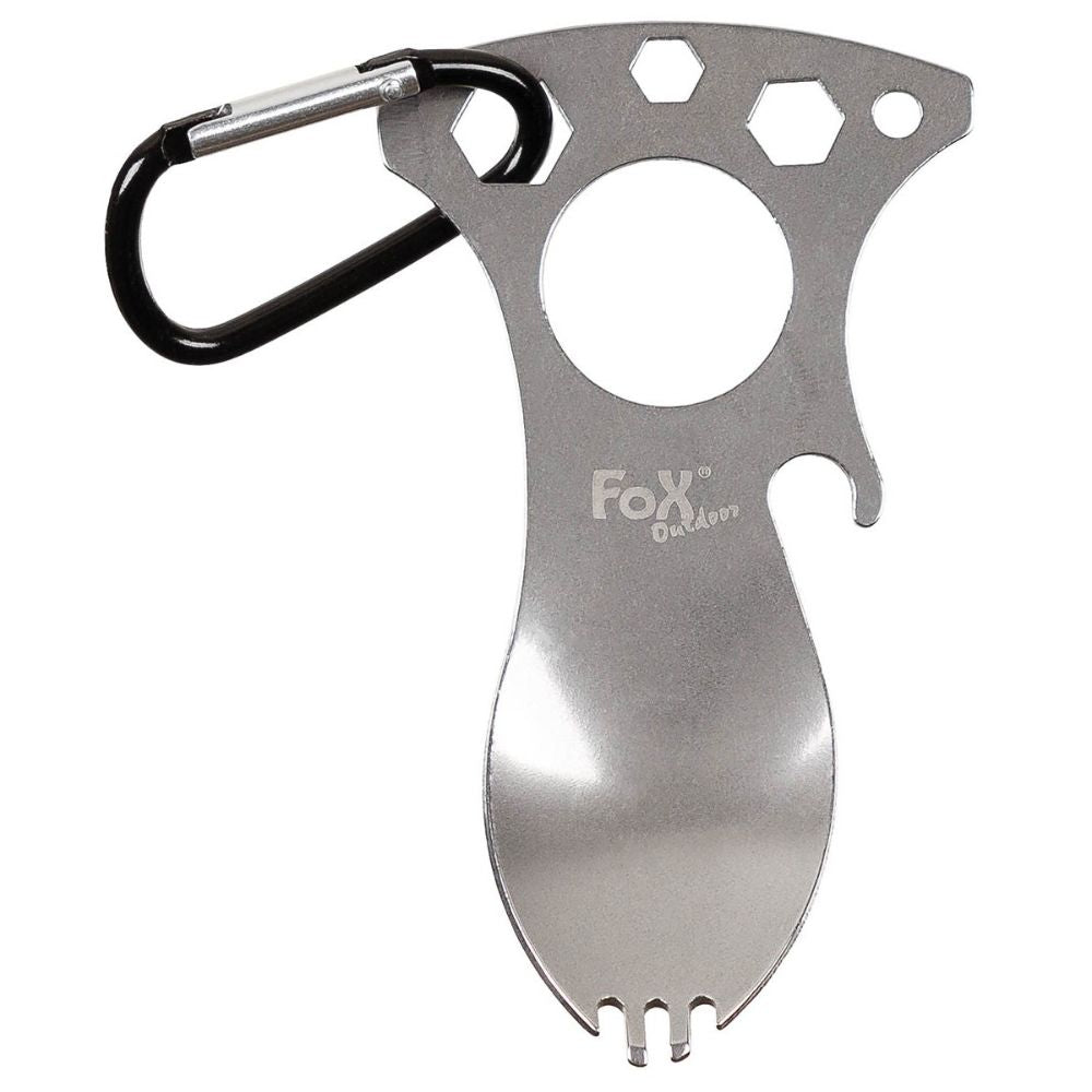 Fourchette multifonction avec mousqueton Fox Outdoor en inox incluant cuillère, ouvre-bouteille, tournevis/décapsuleur et clés de 10mm, 8mm,