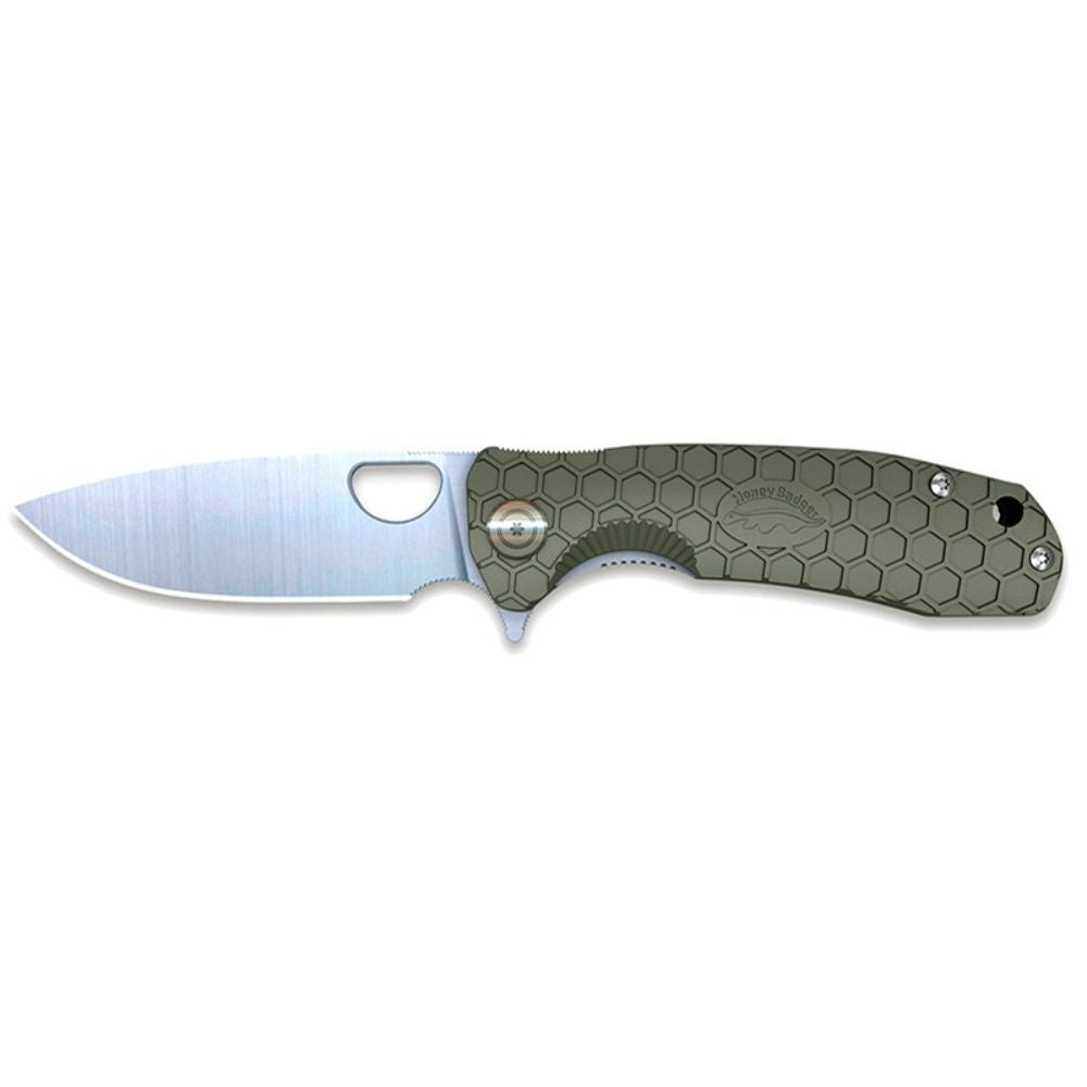 Alt tag SEO pour un couteau pliant vert large Honey Badger avec lame de 92mm en acier, manche en FRN et décor nid d'abeille.