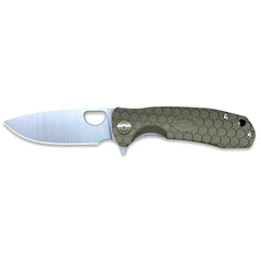 Alt tag SEO pour un couteau pliant vert large Honey Badger avec lame de 92mm en acier, manche en FRN et décor nid d'abeille.