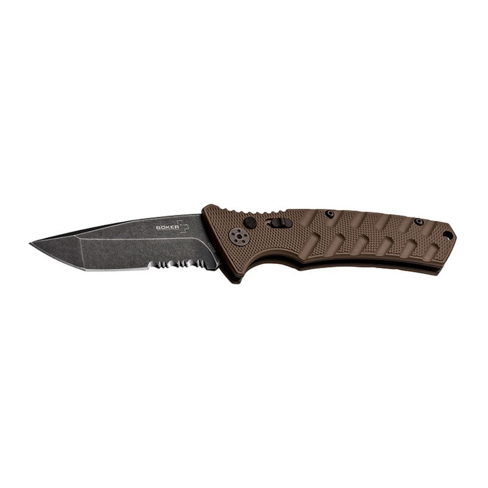 Robuste couteau pliant automatique Boker Plus Strike Tanto Coyote de couleur marron avec lame grise en acier AUS8 et port clip.
