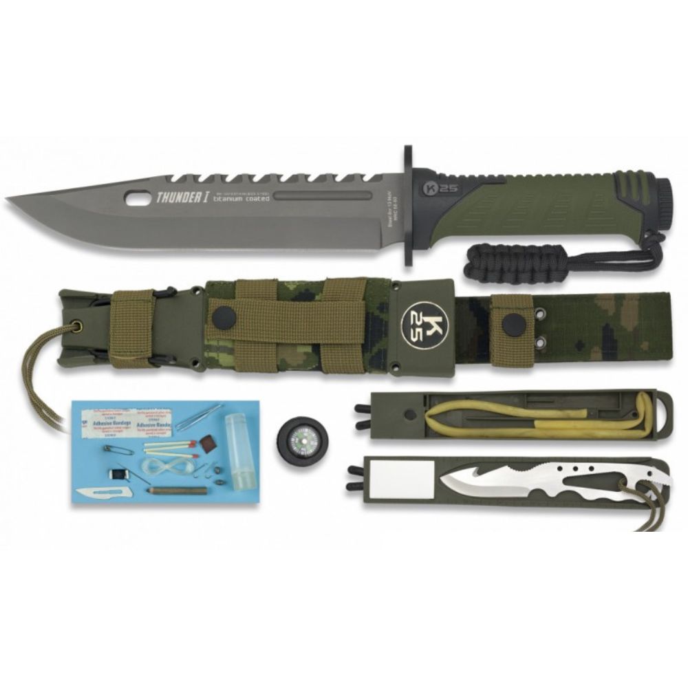 K25 Thunder I 32019, couteau de survie tactique avec lame en acier 8cr13MoV et manche en caoutchouc SFL vert et noir, accompagné d'un étui en