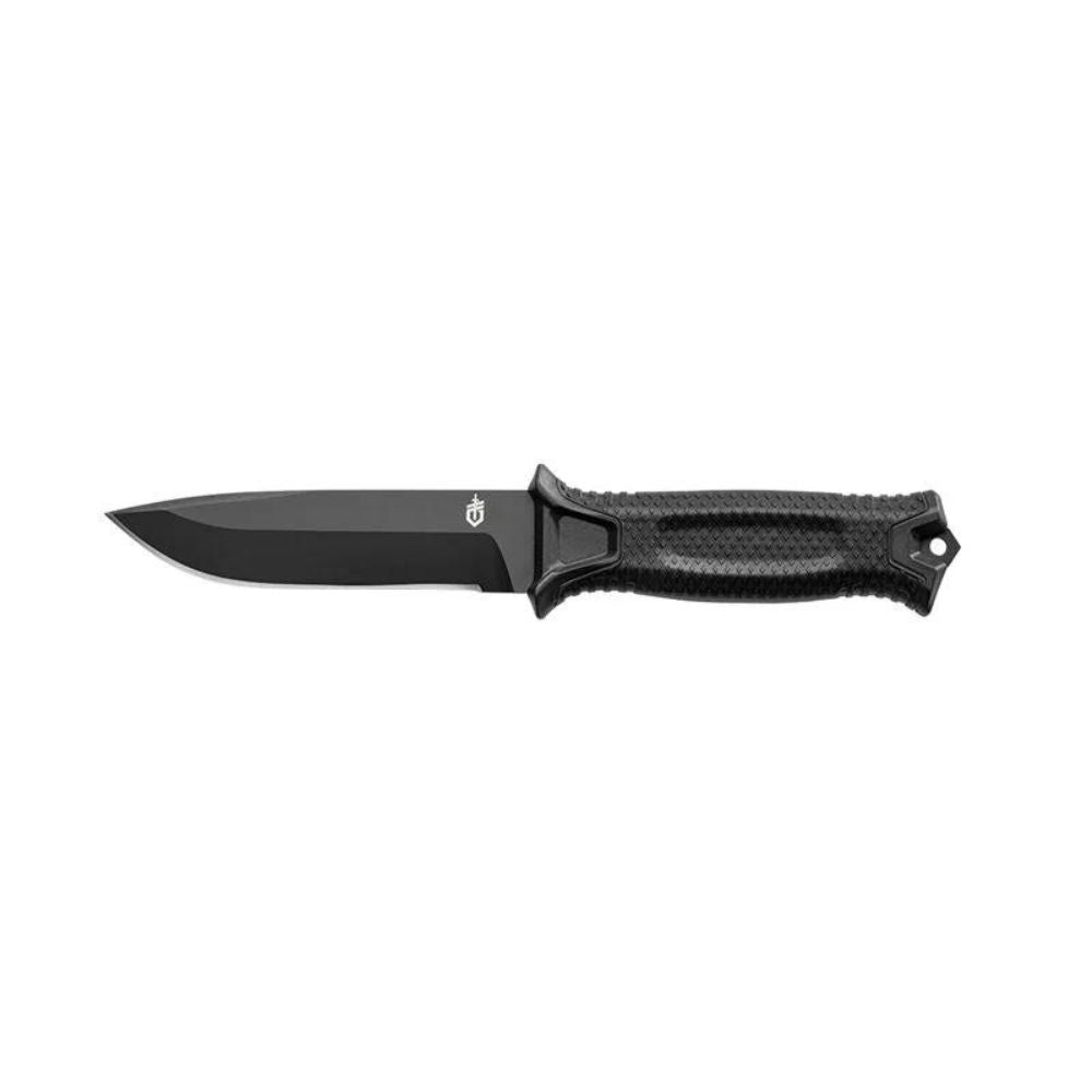 Poignard noir Strongarm avec tranchant lisse de la marque Gerber, doté d'une poignée caoutchoutée et d'une lame en acier revêtue de céramique