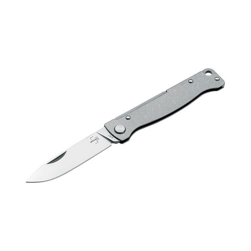 Simple et élégant couteau de poche pliant Atlas SW gen. 2 de Böker Plus avec manche en acier inoxydable, finition stonewashed et lame drop point en acier