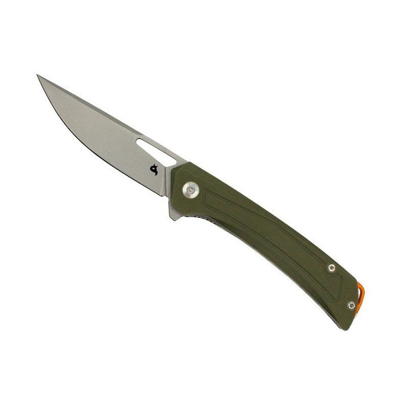 Un couteau pliant EDC BlackFox Sneaky avec manche en G10 vert et lame en acier D2, équipé d'un clip de poche et d'un flipper pour une ouverture facile