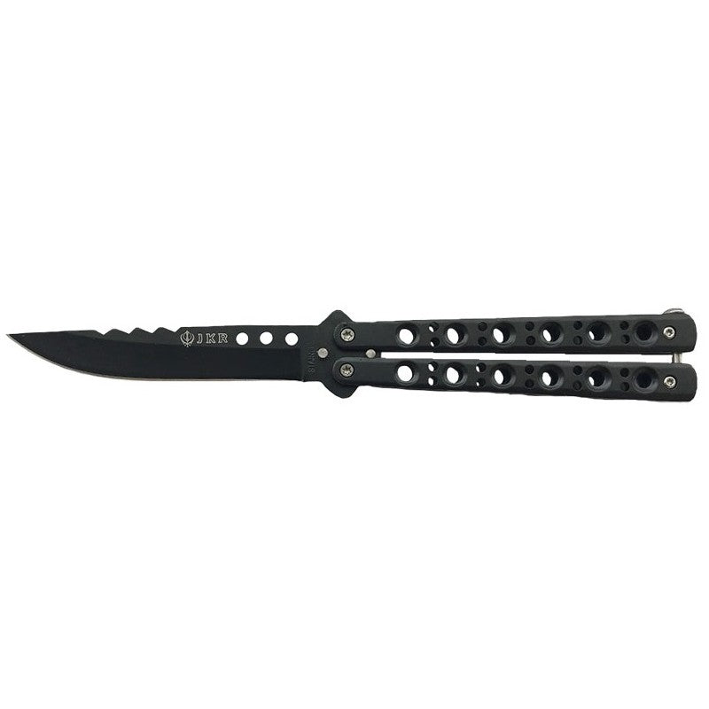 JKR0515 couteau papillon noir en acier inoxydable avec lame ajourée et manche séparable