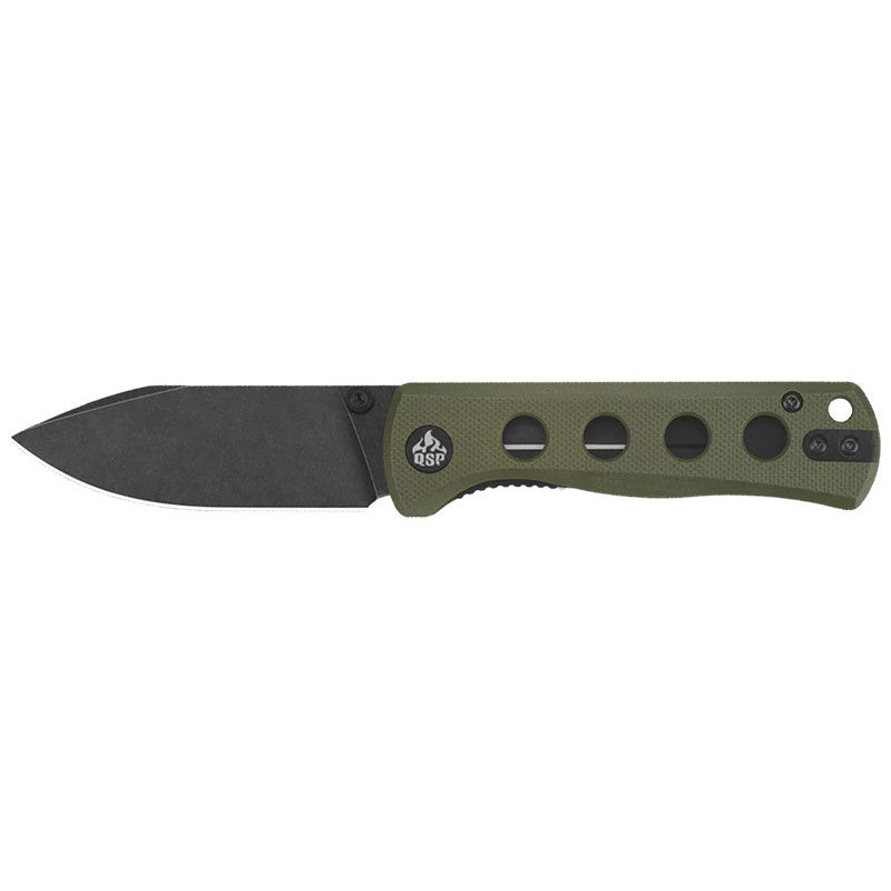 QSP Canary Olive Green pliant couteau avec manche en G10 et lame noire en acier 14C28N, doté d'un clip réversible noir et d'un système d'ouverture fluide.