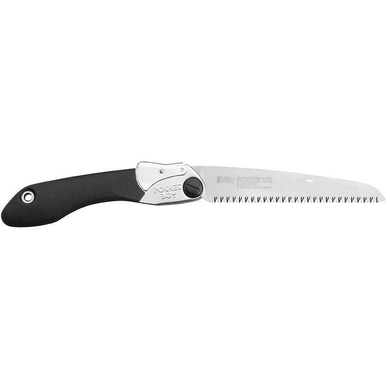 Scie pliante Pocketoby 37.5cm noire de la marque Silky avec lame en acier japonais SK-4, denture affûtée et poignée en caoutchouc