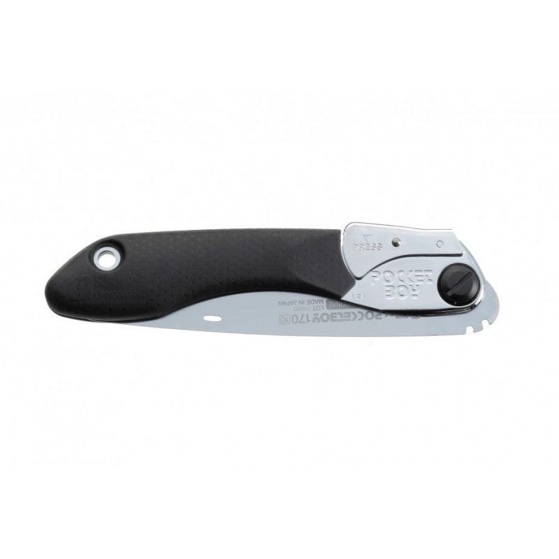 Scie pliante Pocketoby 37.5cm noire de Silky avec lame de 17cm en acier japonais SK-4, poignée en caoutchouc et étui rigide transparent pour transport