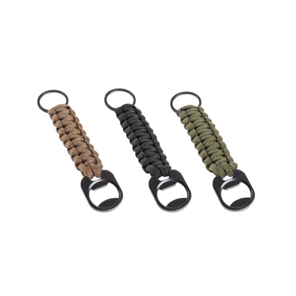Porte-clés paracorde avec décapsuleur A10 Equipment en polyester et alliage de zinc, disponible en trois couleurs, dimensions 14,5 x 2,2 cm, poids 25g