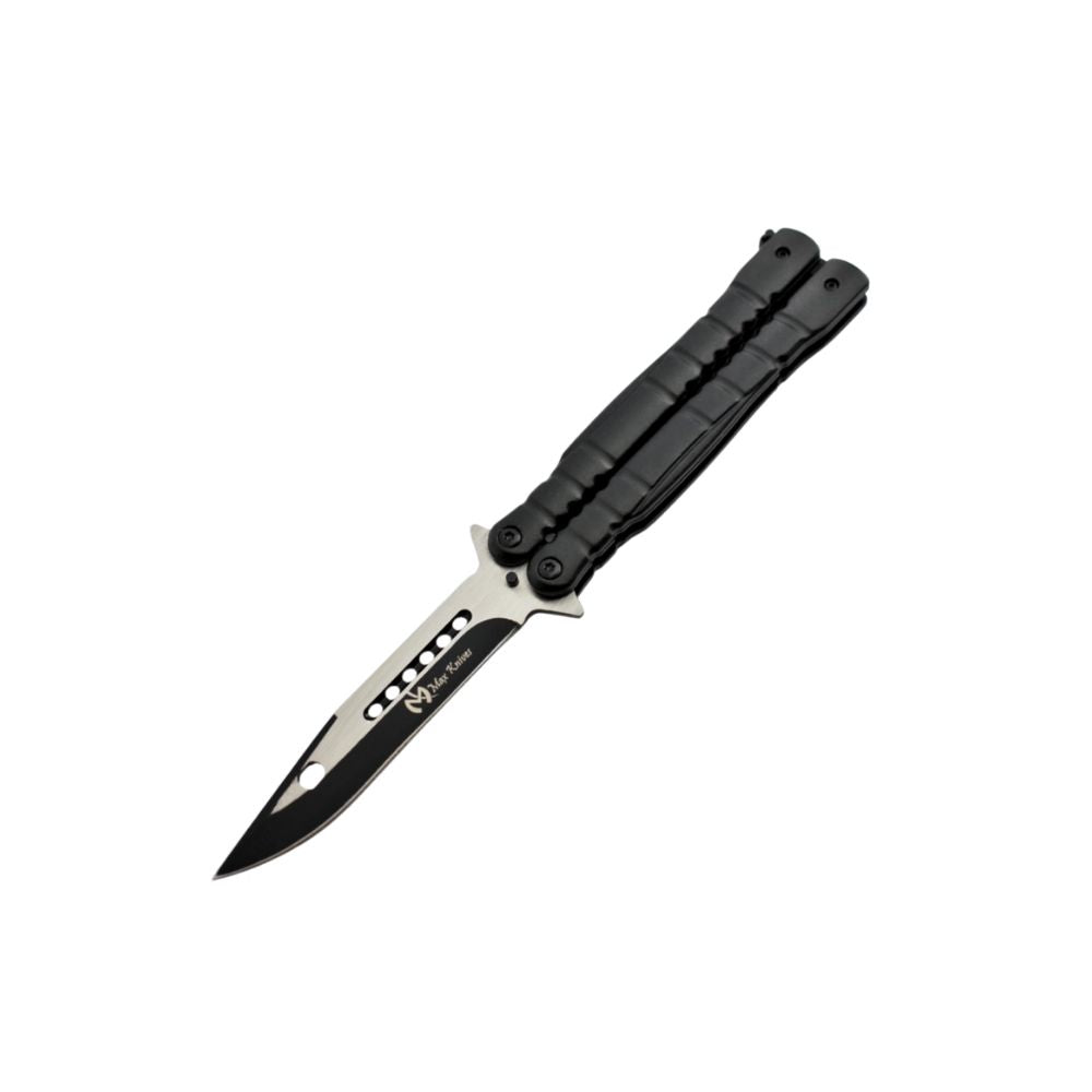 Max Knives P49 couteau papillon noir avec lame en acier 3CR13, finition noire et silver, manche en aluminium anodisé noir