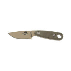 Image d'un couteau de survie ESEE Izula II Desert Tan avec étui noir et clip ceinture, doté d'un manche en micarta