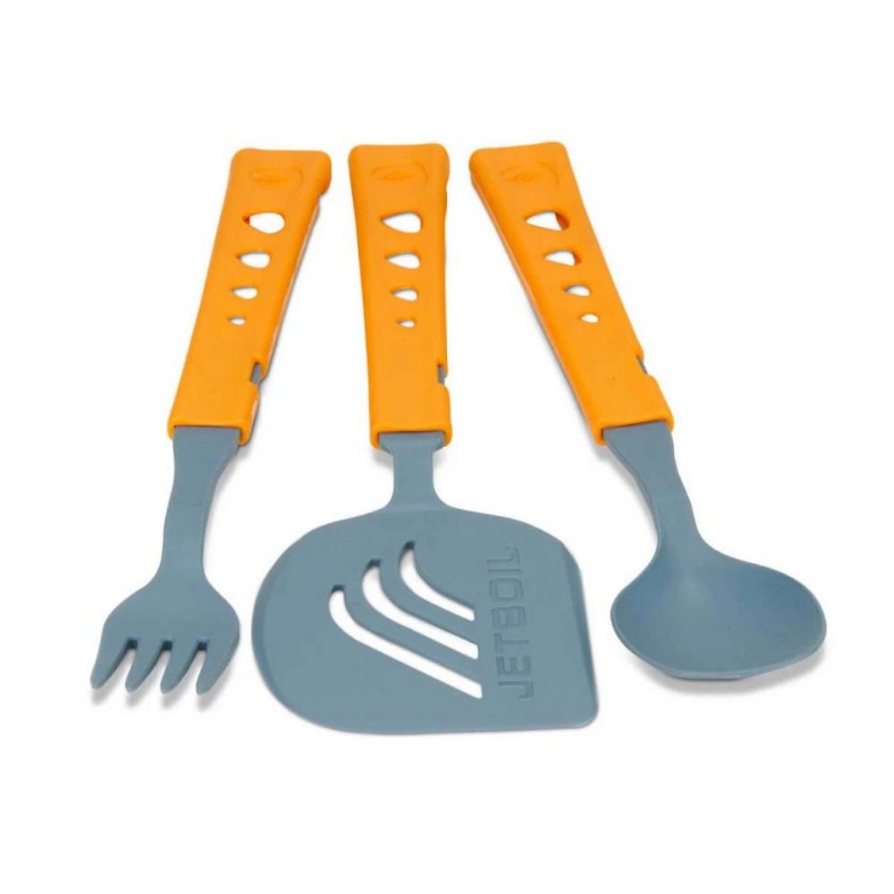 Kit d'ustensiles de camping Jetset Jetboil comprenant une cuillère, une fourchette et une spatule légères et résistantes, conçues pour racler chaque bord et coin des ré