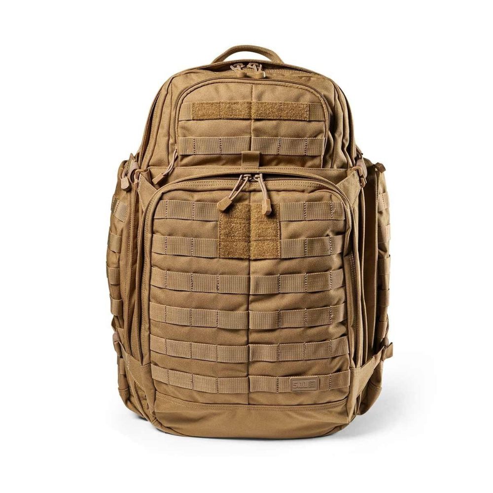 Sac à dos tactique Rush 72H Coyote 55L avec nombreux compartiments et poches, résistant à l'eau, idéal pour missions de plus de 36 heures